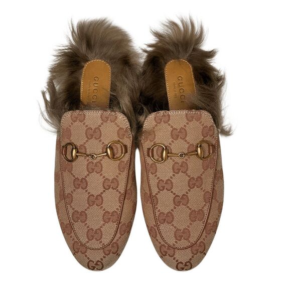 Gucci Princetown Monogram Beige GG Canvas Fur Lined Loafers Slides Size 36 - Picture 4 of 11